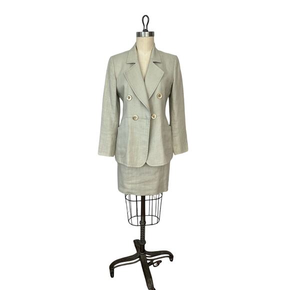 Yves Saint Laurent Rive Gauche Vintage Beige Blazer Skirt Linen Suit Sz 36 US 4 - Picture 1 of 16